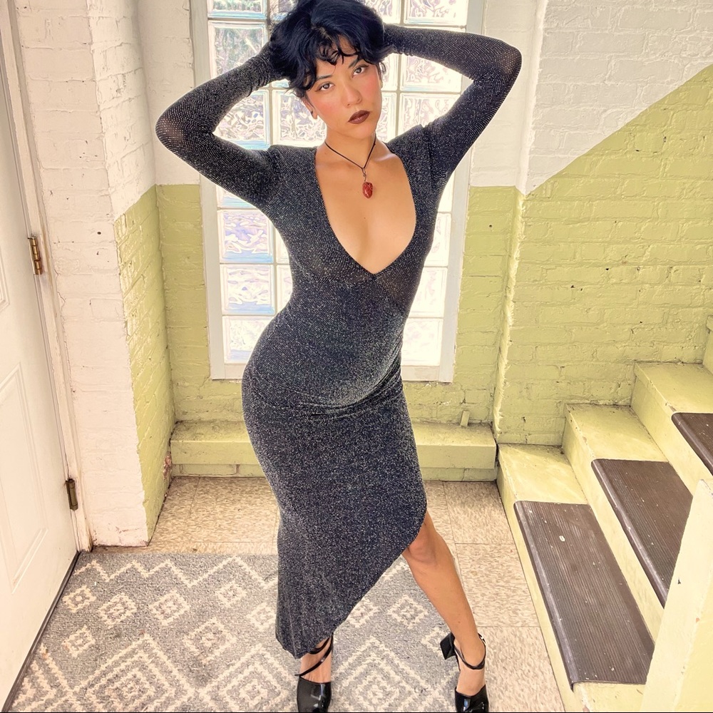 Brand New** Shoulder pad metallic maxi slit dress.